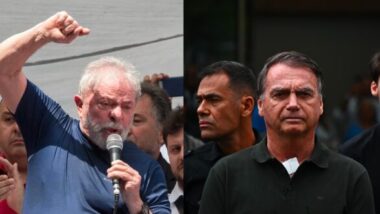 Lula em 2018, no comício que fez antes de se entregar à Polícia Federal, e Bolsonaro em setembro deste ano, durante saída autorizada da prisão domiciliar para atendimento médico Imagem referente a matéria